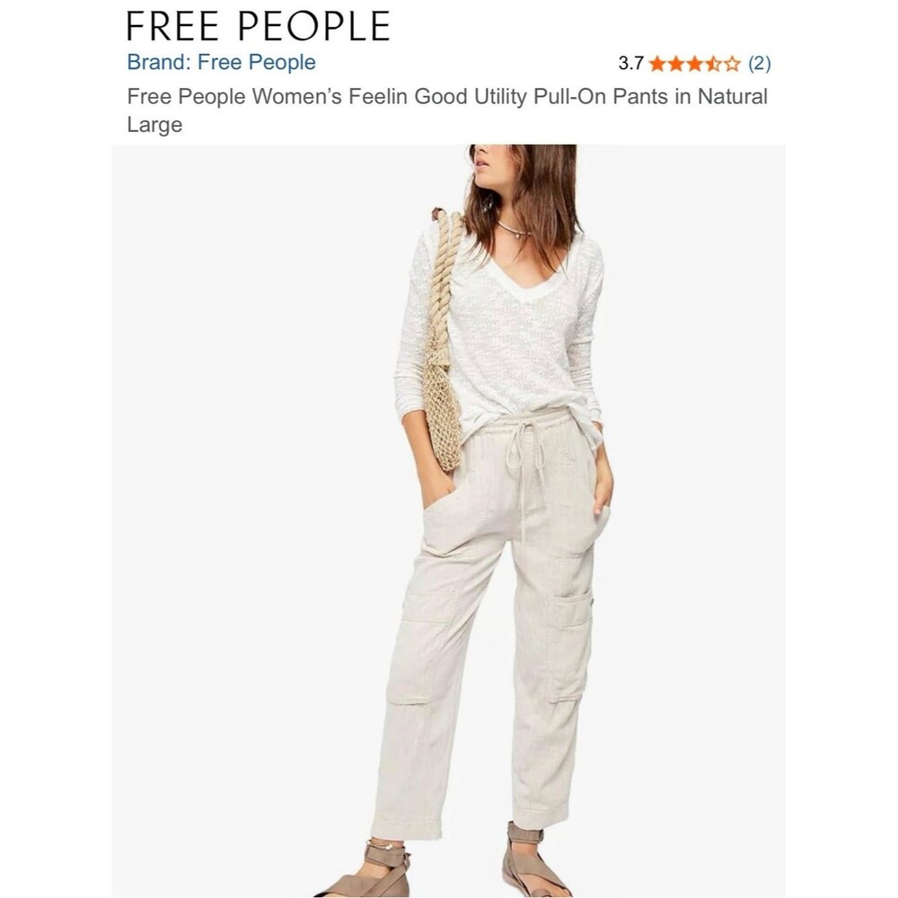 Free People Taupe Linen-Blend Cargo Pants with Drawstring Waist Large